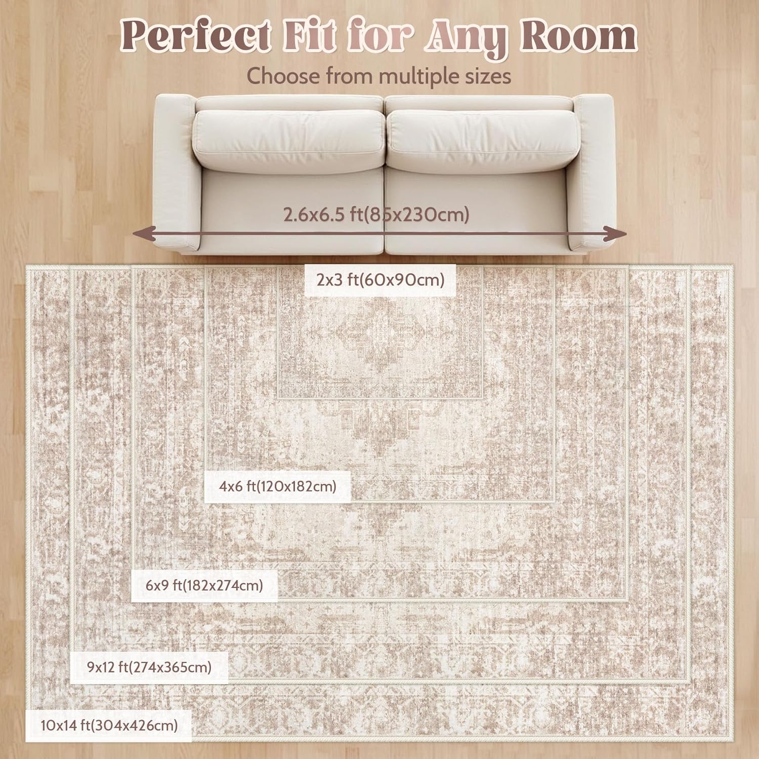 Area Rugs 9x12 Living Room: Large Vintage Living Room Rug with Non-Slip Backing Low Pile Rugs Soft Indoor Floor Thin Carpet Neutral Carpets for Bedroom Dining Room Farmhouse Nursery Brown/Cream